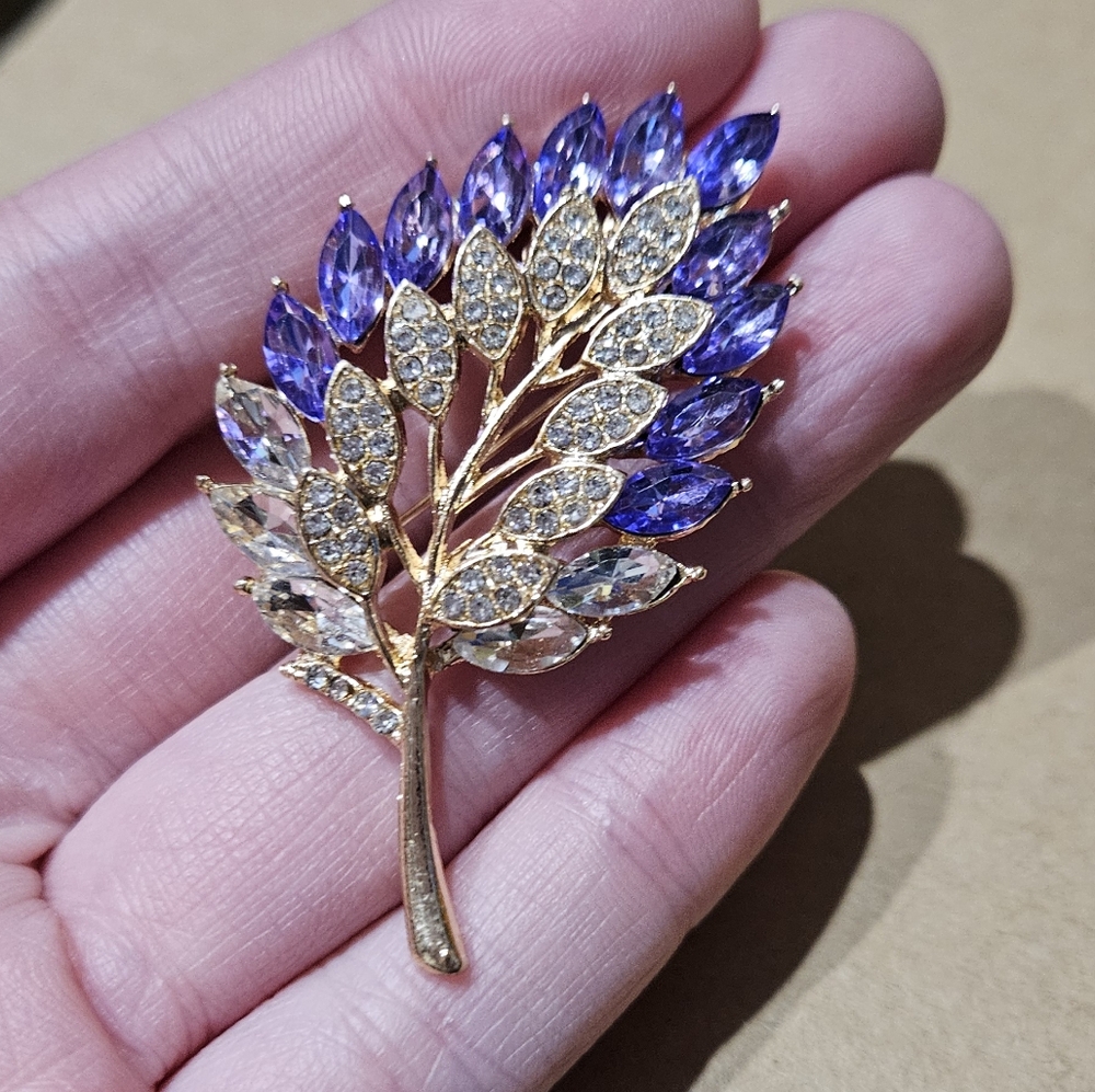 Boutique Lilac Purple & Clear Rhinestone Floral Petal Gold-Tone Brooch